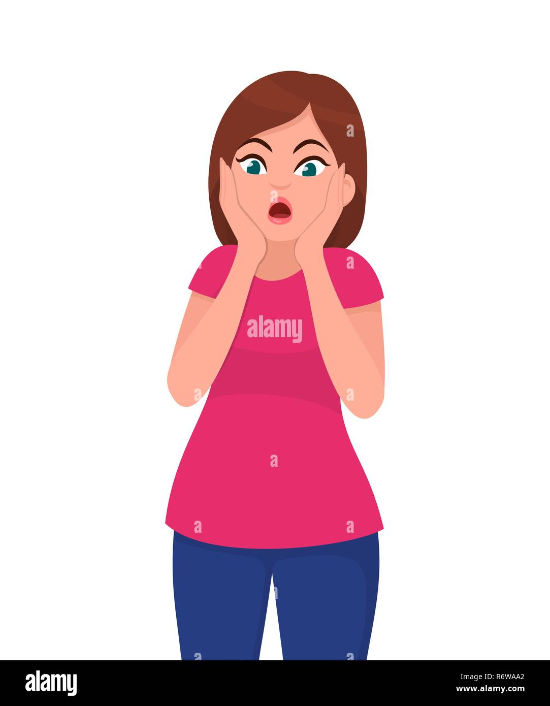 Shocked pretty young woman holding hands on face. Human emotion and body language concept illustration in vector cartoon flat style. Stock Vector