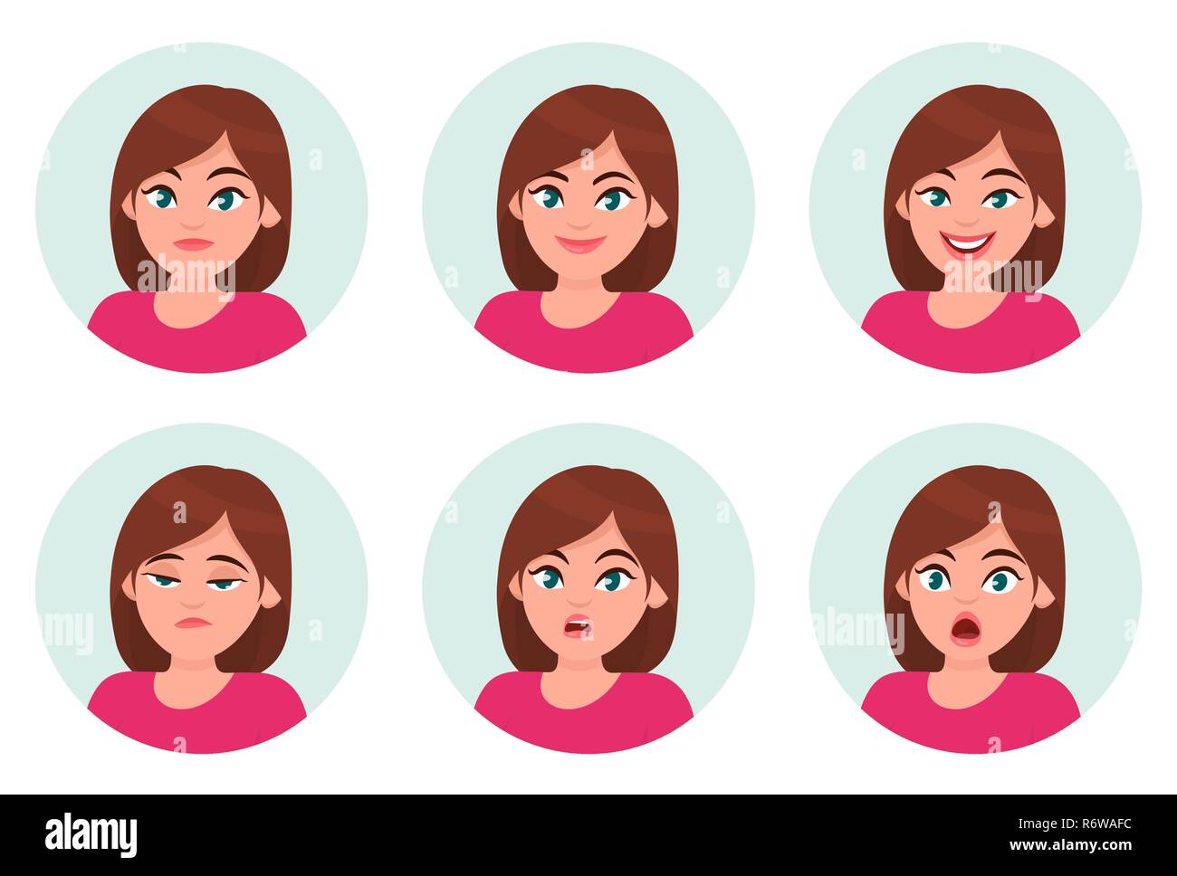 Set of girl/woman facial emotions. Different female emotions set. Woman emoji character with different expressions. Vector illustration. Stock Vector