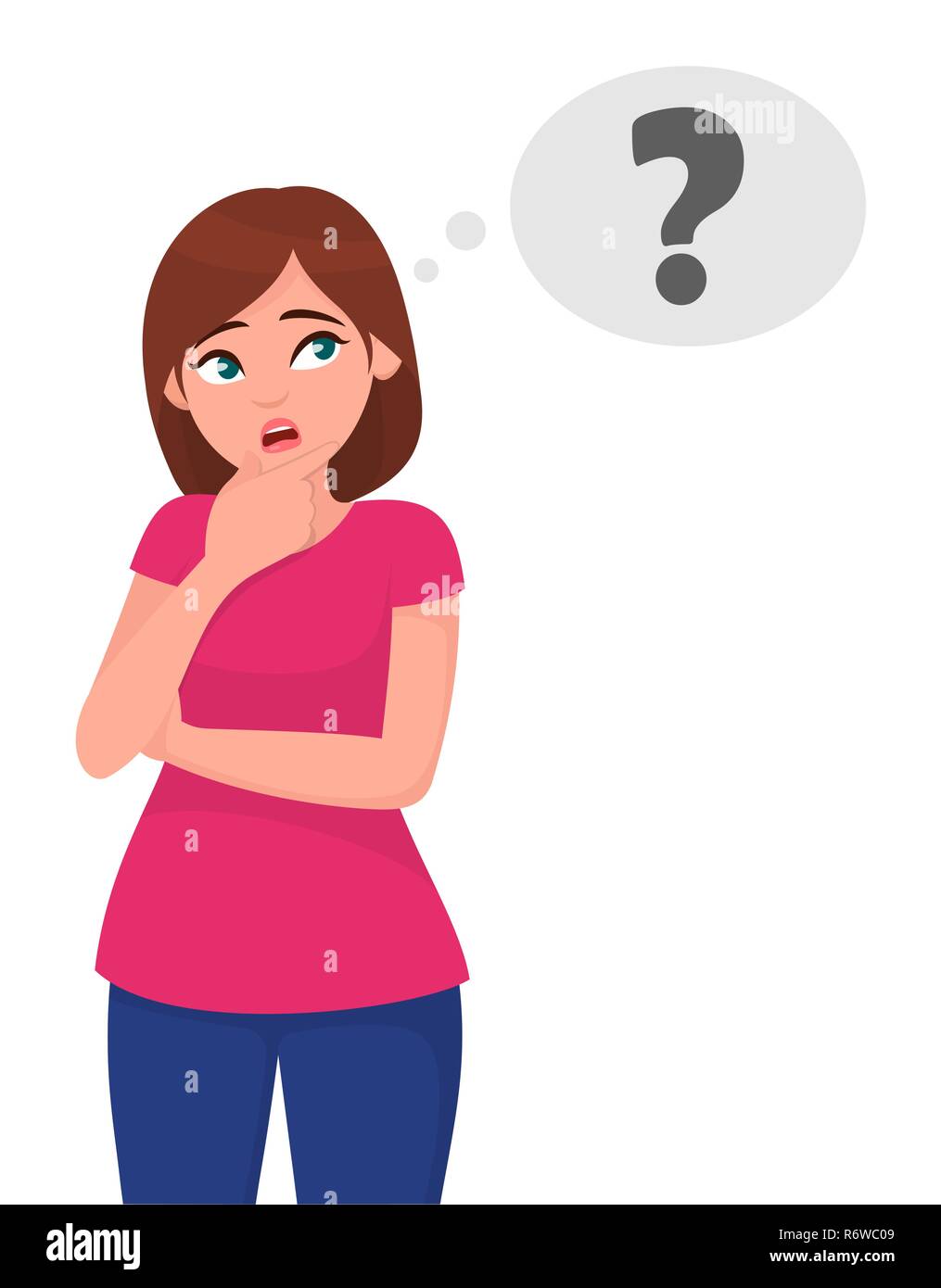 Young woman thinking and looking up to thought bubble in question mark (?) symbol. Idea and creative concept. Human emotion and body language concept . Stock Vector