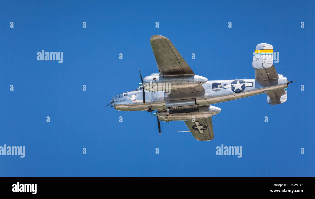 The Boeing B-25J Miss Mitchell vintage bomber in flight at the 2017 Airshow in Duluth, Minnesota, USA. Stock Photo