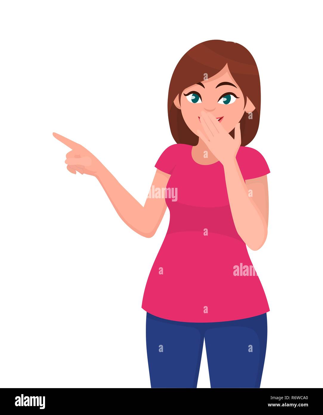 Young woman presenting a copy space and closed mouth by hand. Human emotion and body language concept illustration in vector cartoon flat style. Stock Vector