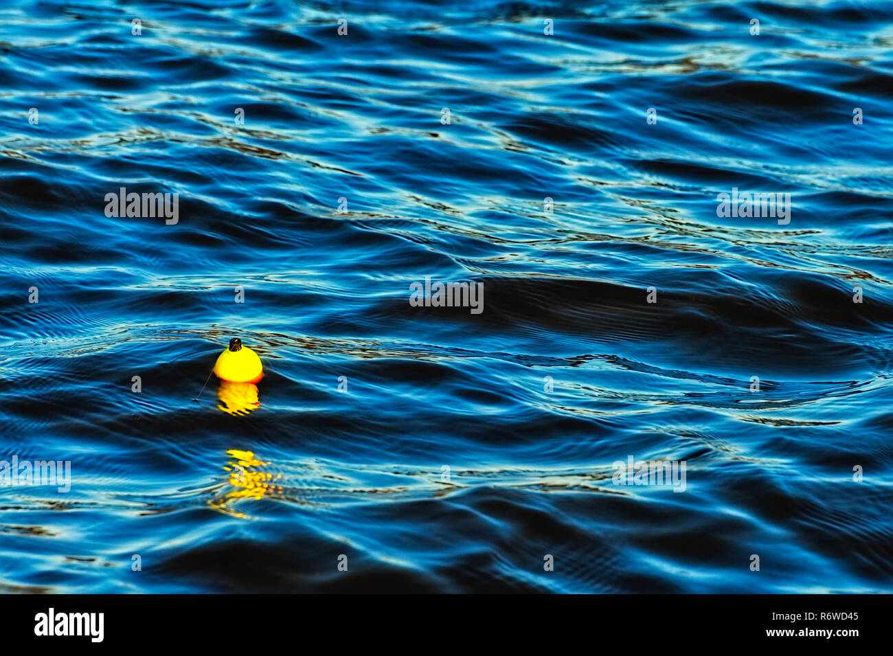Yellow fishing bobber floating and bobby on the moving blue waters of a  lake Stock Photo - Alamy
