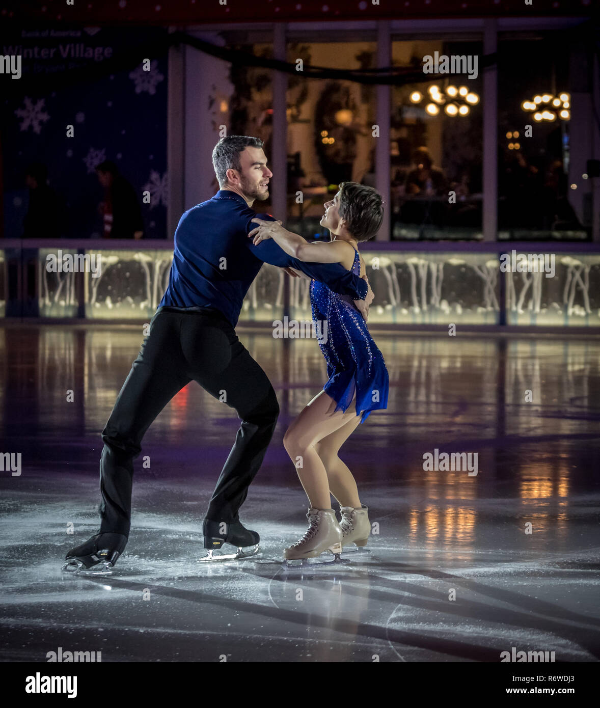 New York, NY. USA - Dec 4, 2018.Performance by the Olympic Gold Medalists M. Duhamel & E. Radford at Bryan Park 2018 Christmas Tree Lighting Ceremony Stock Photo