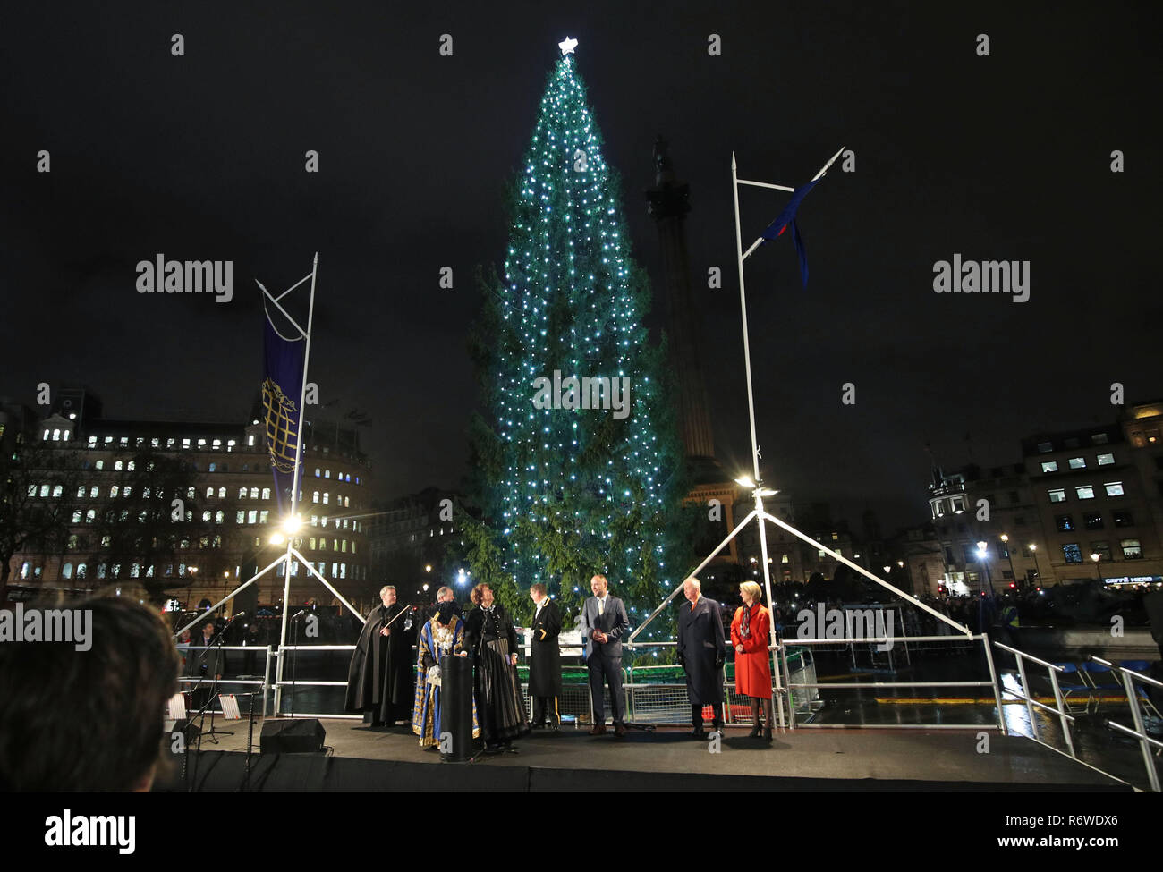 The Trafalgar Square Christmas tree is lit up, in central London Stock