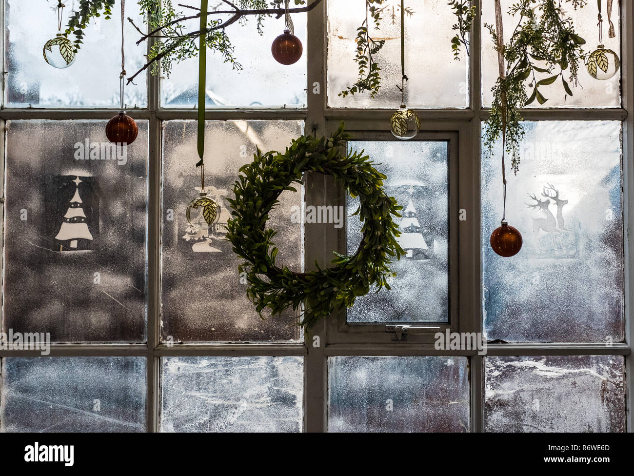 Christmas Decorations Wreath Interior Vintage Style Window Stock