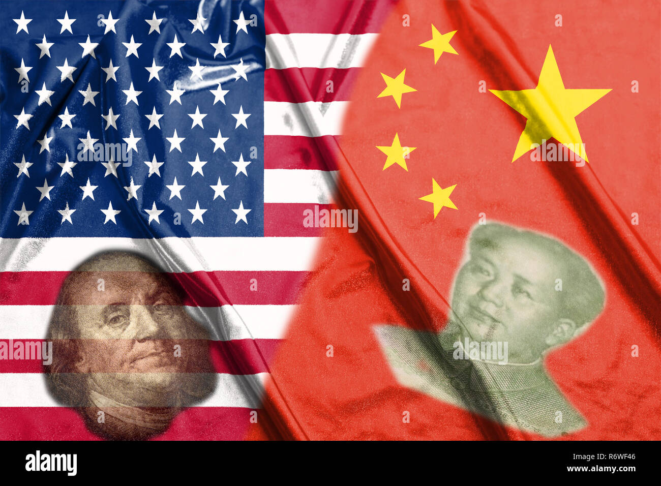 China and Usa Two Half Flags Together with faces of Benjamin Franklin and Mao Zedong Stock Photo