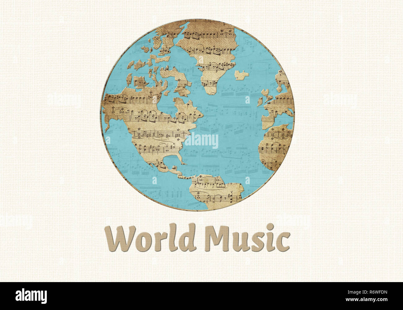 World music illustration world map made of old sheet music with world music day text Stock Photo