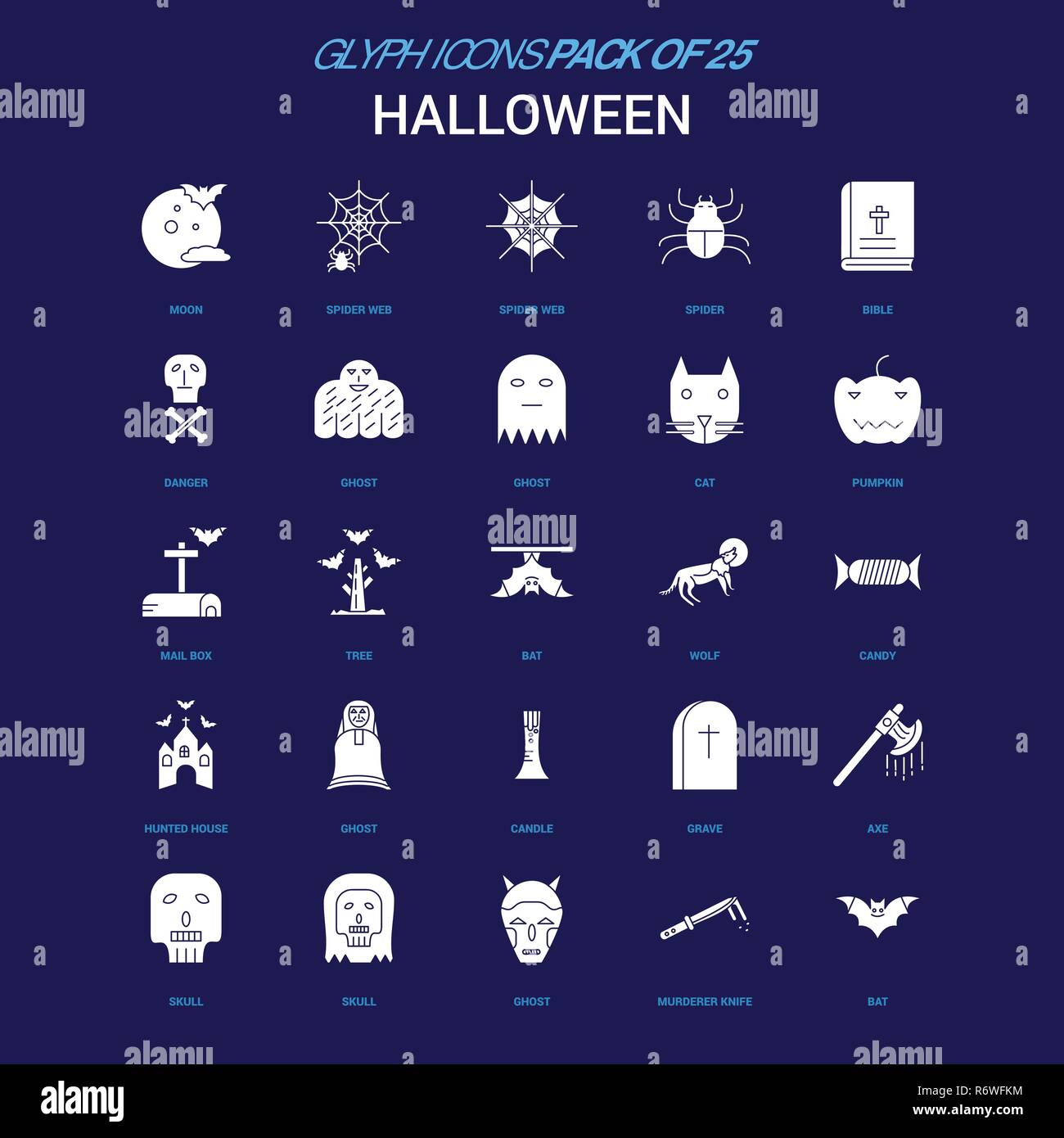 Halloween White icon over Blue background. 25 Icon Pack Stock Vector ...
