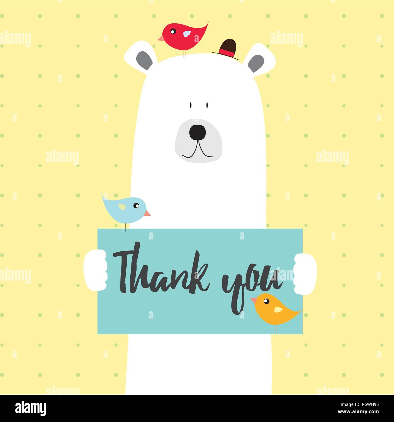 Polar bear and birds Thank you vector card illustration on a dotted pattern background Stock Vector