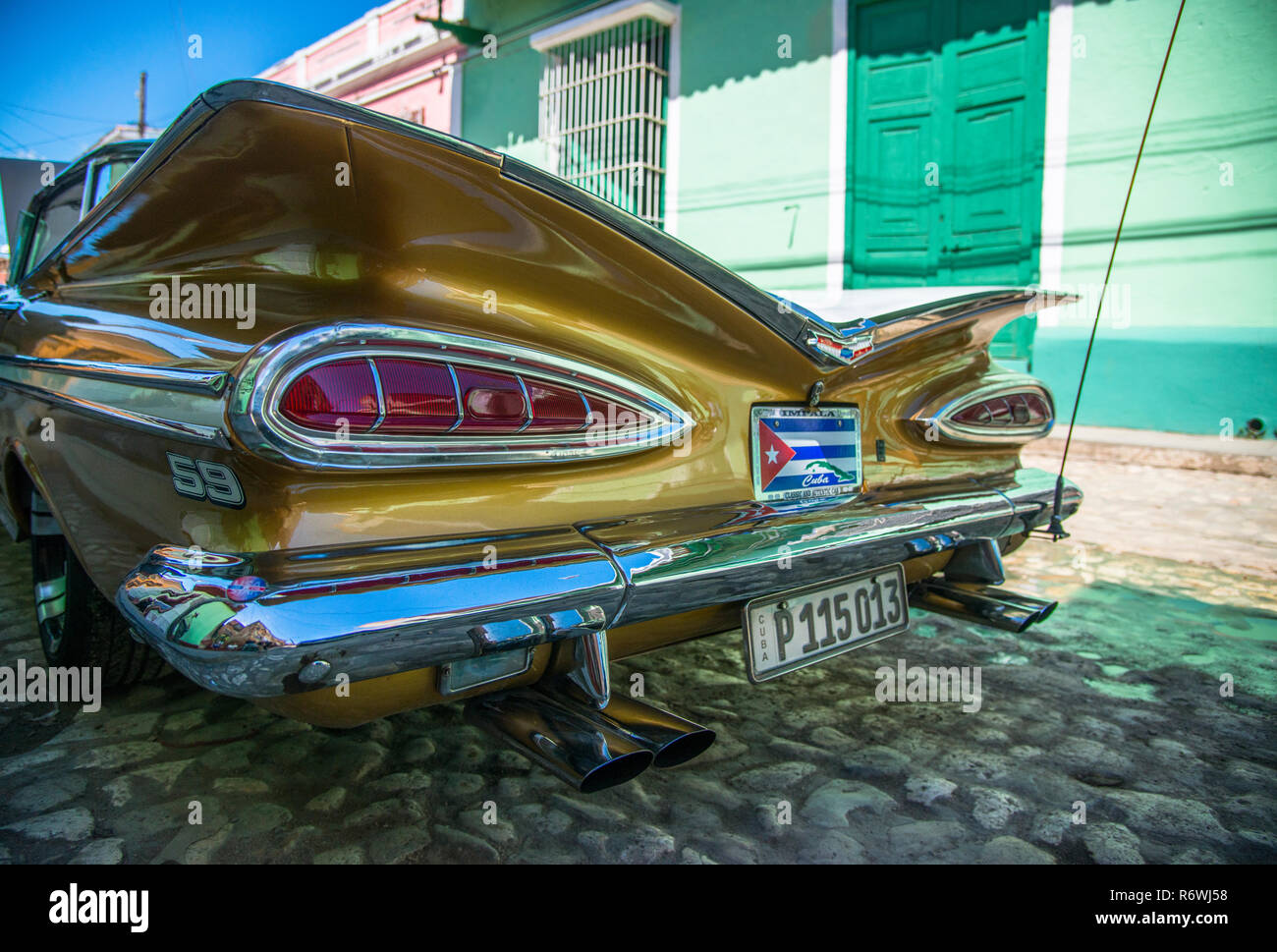 A 59' gold Chevy in Trinidad, Cuba. Stock Photo