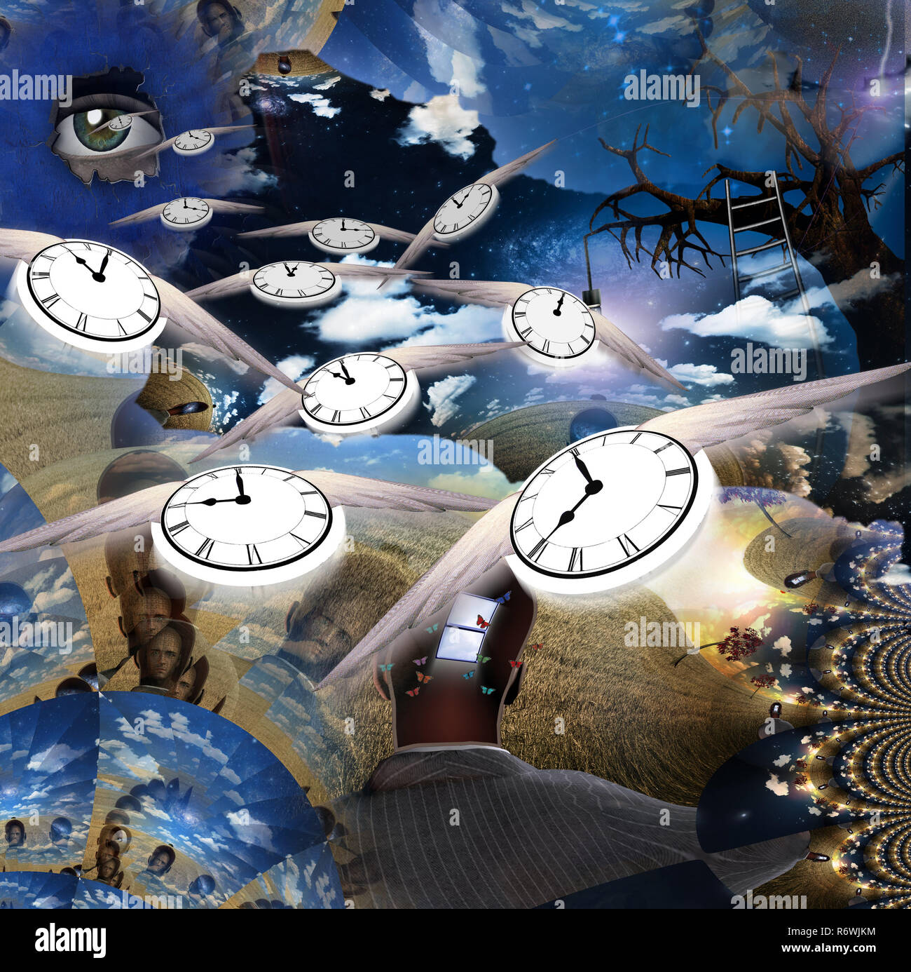 Dreamlike Illustration. Winged clocks represents flow of time Stock