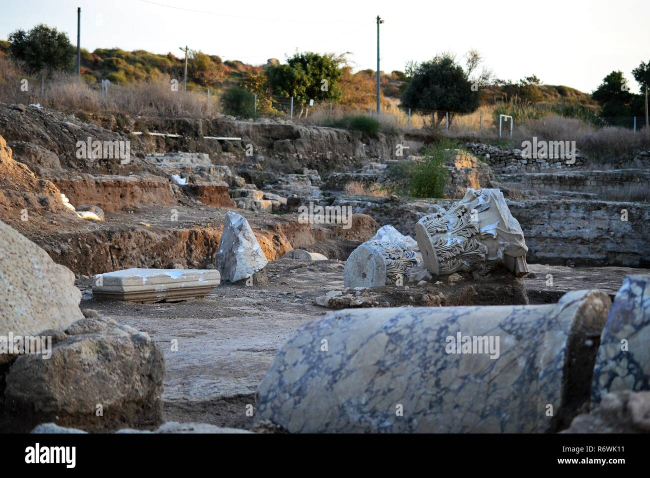 Archaeology class visiting ruins of Ancient and Biblical City of Ashkelon in Israel, Holy Land Stock Photo
