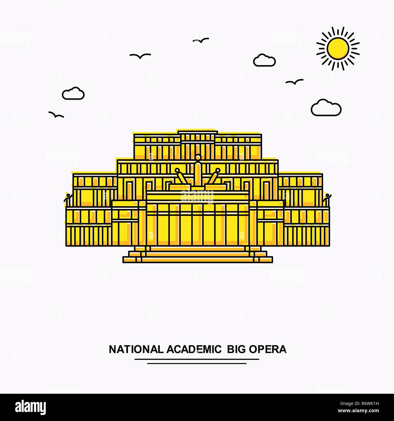 NATIONAL ACADEMIC; BIG OPERA Monument Poster Template. World Travel Yellow illustration Background in Line Style with beauture nature Scene Stock Vector