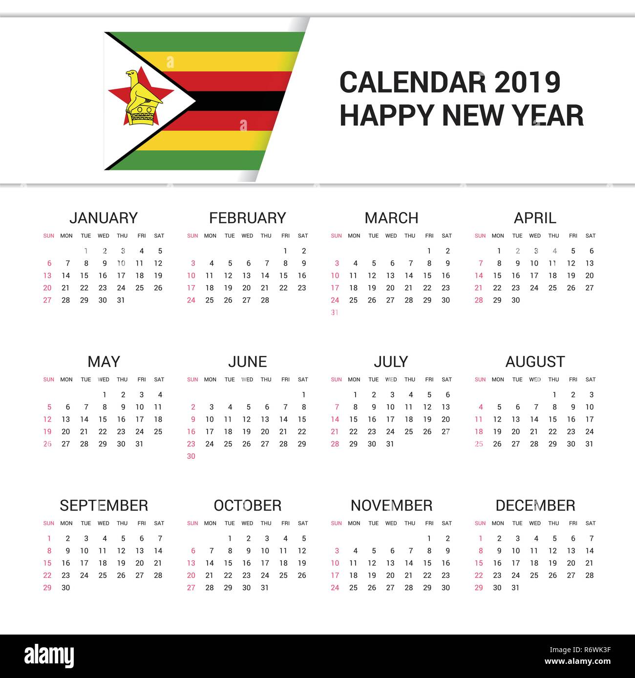 Calendar 2019 Zimbabwe Flag background. English language Stock Vector