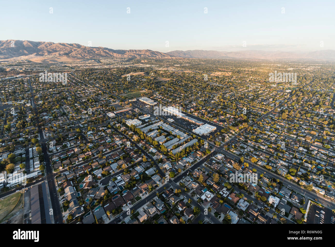 Aerial view of homes and streets near Lassen St and Mason Ave in the Chatsworth neighborhood of Los Angeles, California. Stock Photo