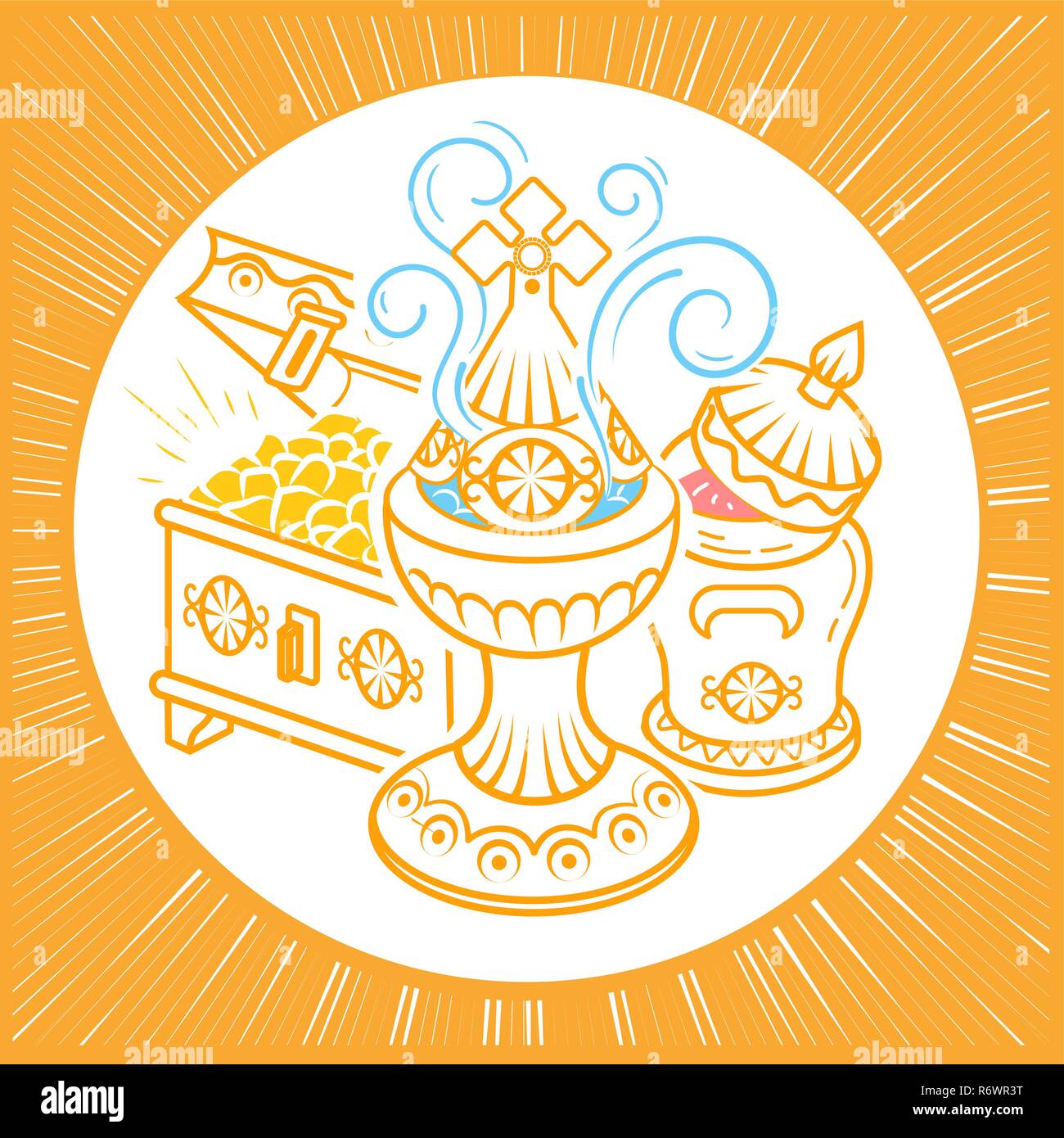 icon in hand drawn style with traditional Magi offerings to celebrate