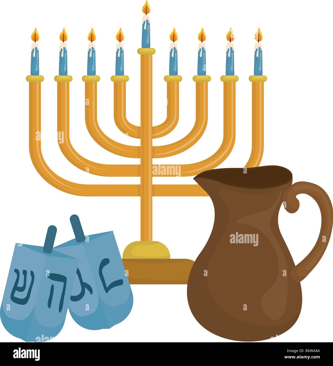 dreidel hanukkah with candlestick and teapot vector illustration design Stock Vector