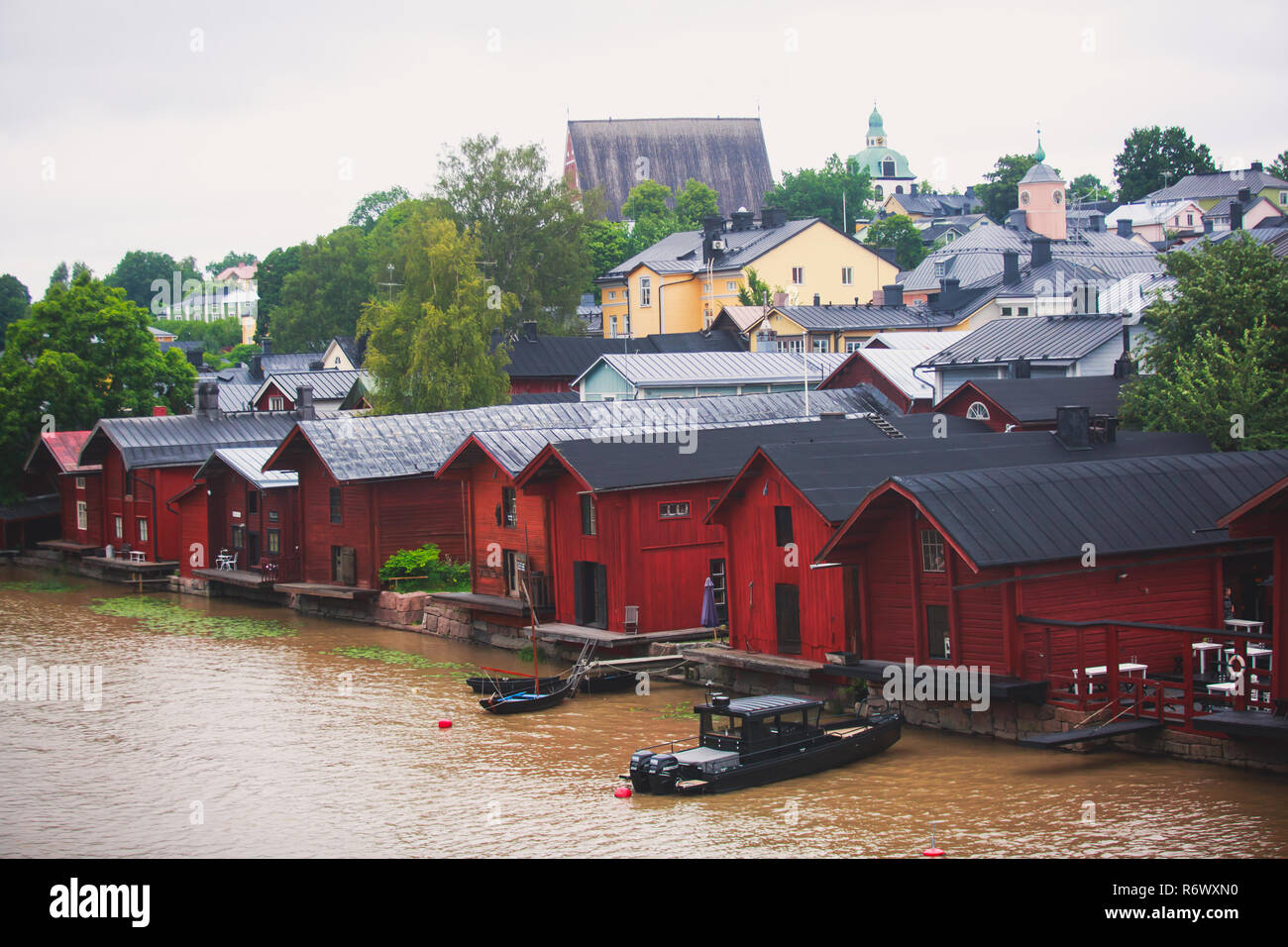 View of Porvoo old town with red wooden sheds, Borga, a city and a municipality situated on the southern coast of Finland approximately 50 kilometres  Stock Photo