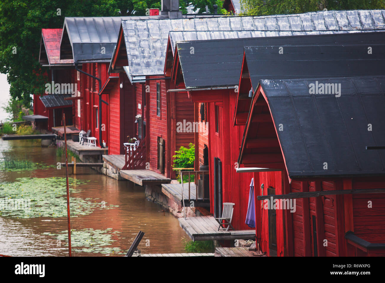 View of Porvoo old town with red wooden sheds, Borga, a city and a municipality situated on the southern coast of Finland approximately 50 kilometres  Stock Photo