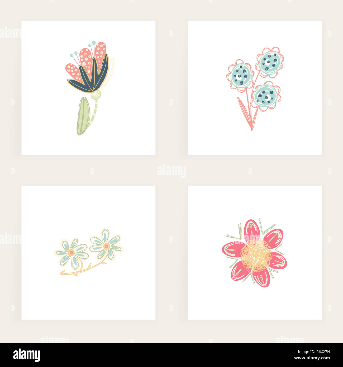 Set of square cards. Hand drawn creative abstract flowers. Floral design. Colorful artistic backgrounds with blossom. It can be used for invitation, message, postcard, cover Stock Photo