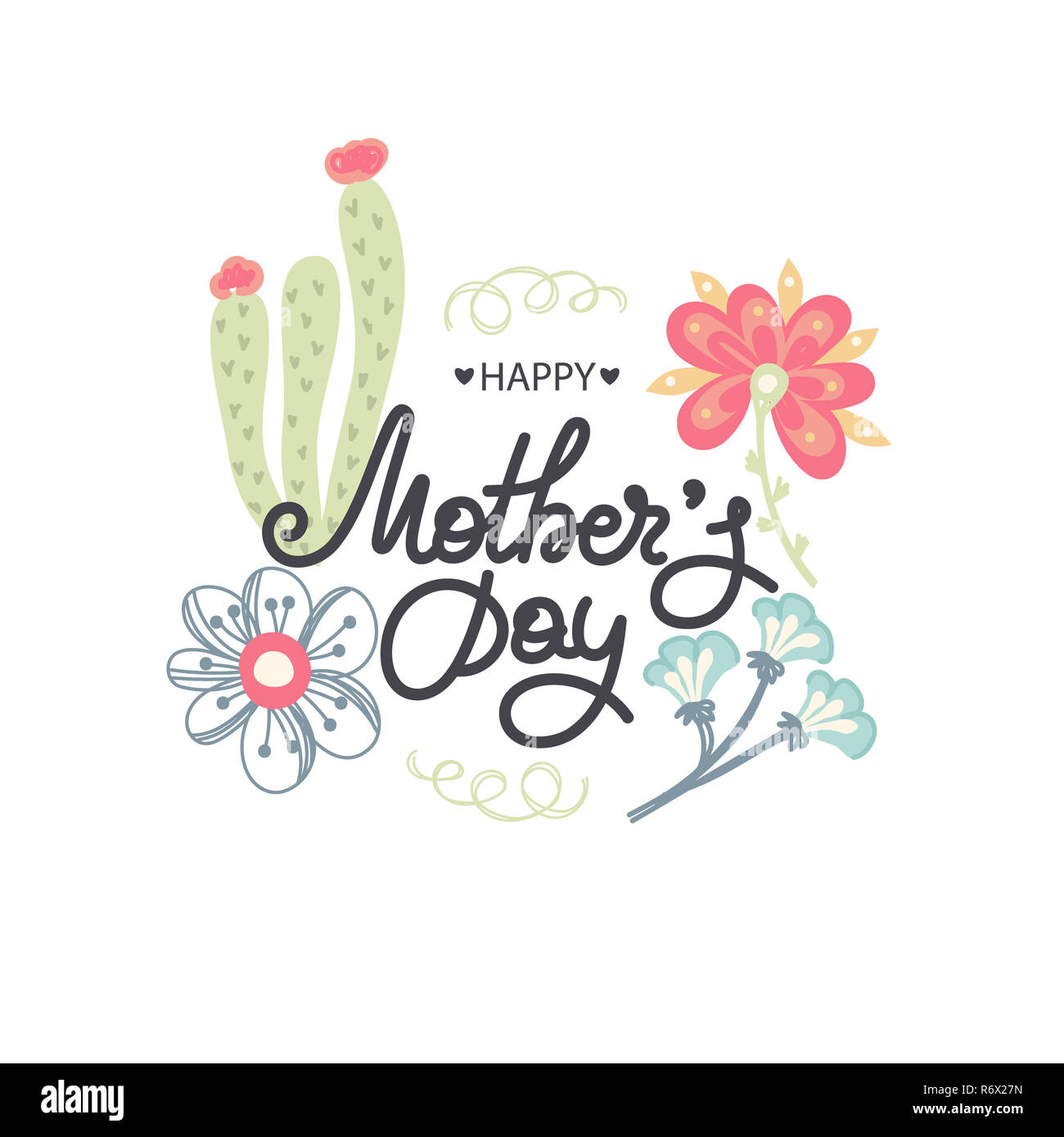 Happy Mother's day. Holiday of mom. Lettering with floral decoration. Frame of flowers. Women's celebration. Caligraphy. Card, postcard, invination, banner, poster Stock Photo