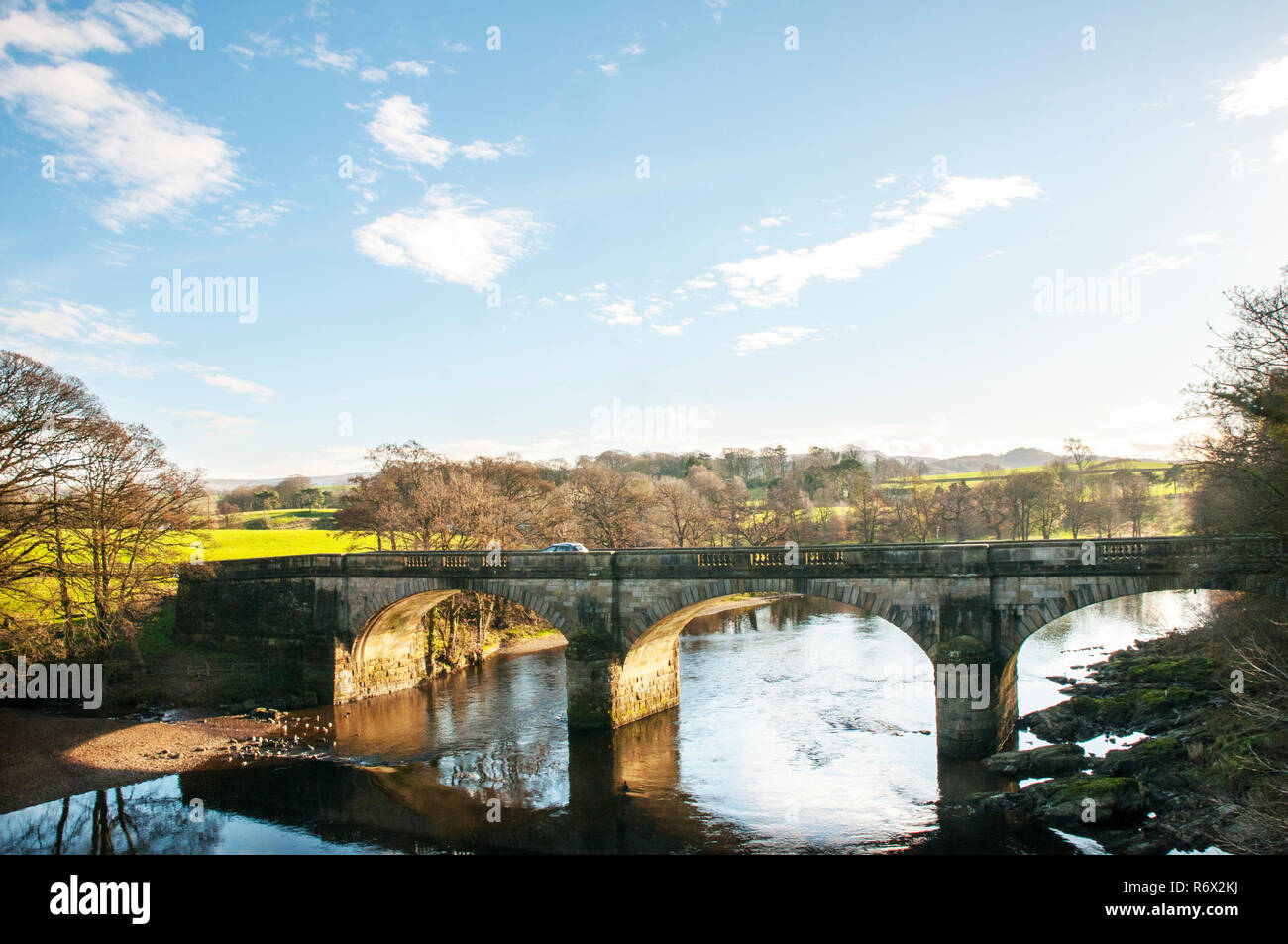 Three arch stone bridge over the river Lune at the Crook of Lune Caton Lancaster Lancashire England UK Stock Photo