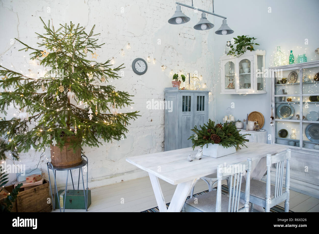 White room interior with New Year tree decorated Stock Photo