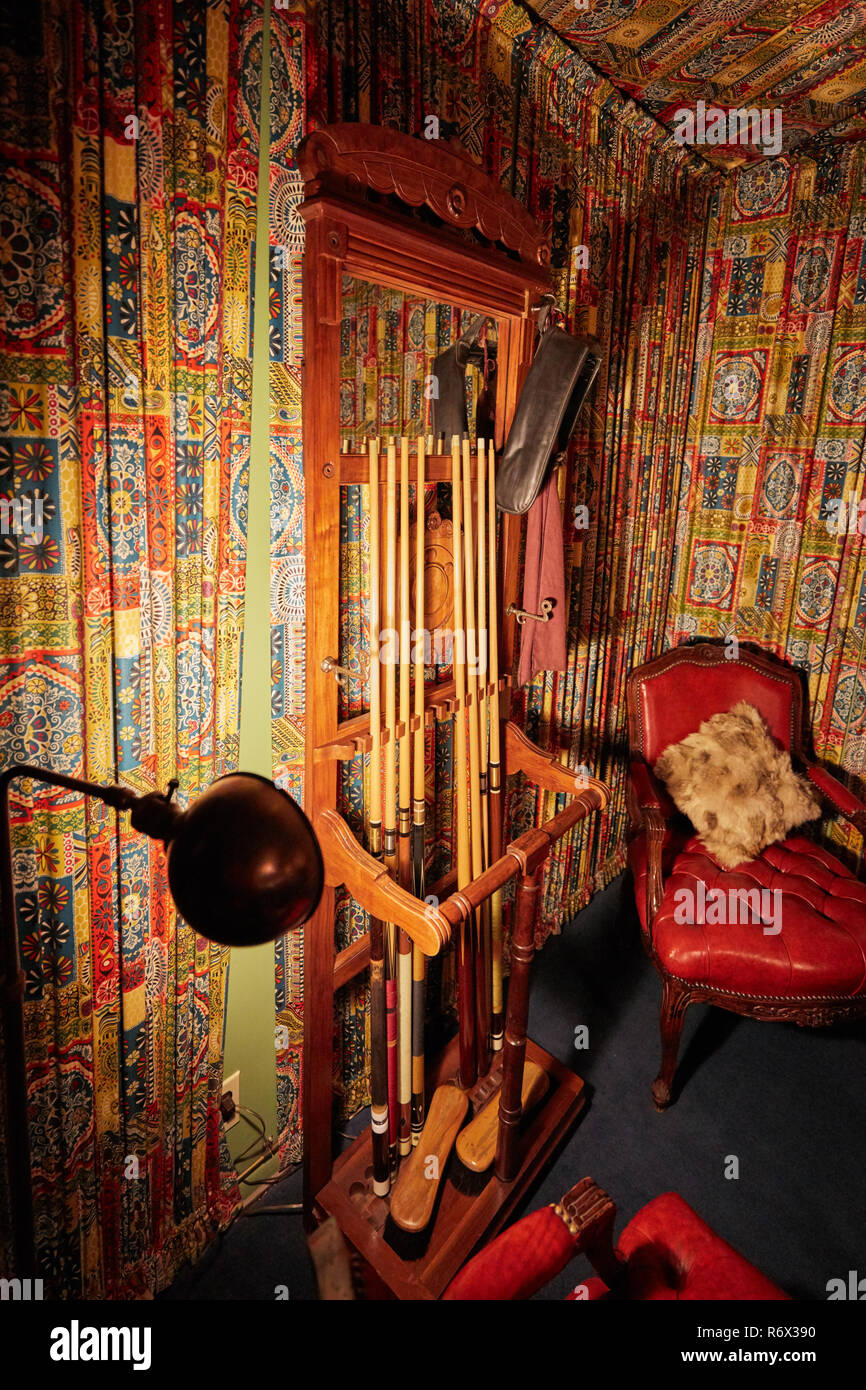 Rack of cue sticks in the billiard room of Elvis Presley at Graceland in Memphis, Tennessee Stock Photo