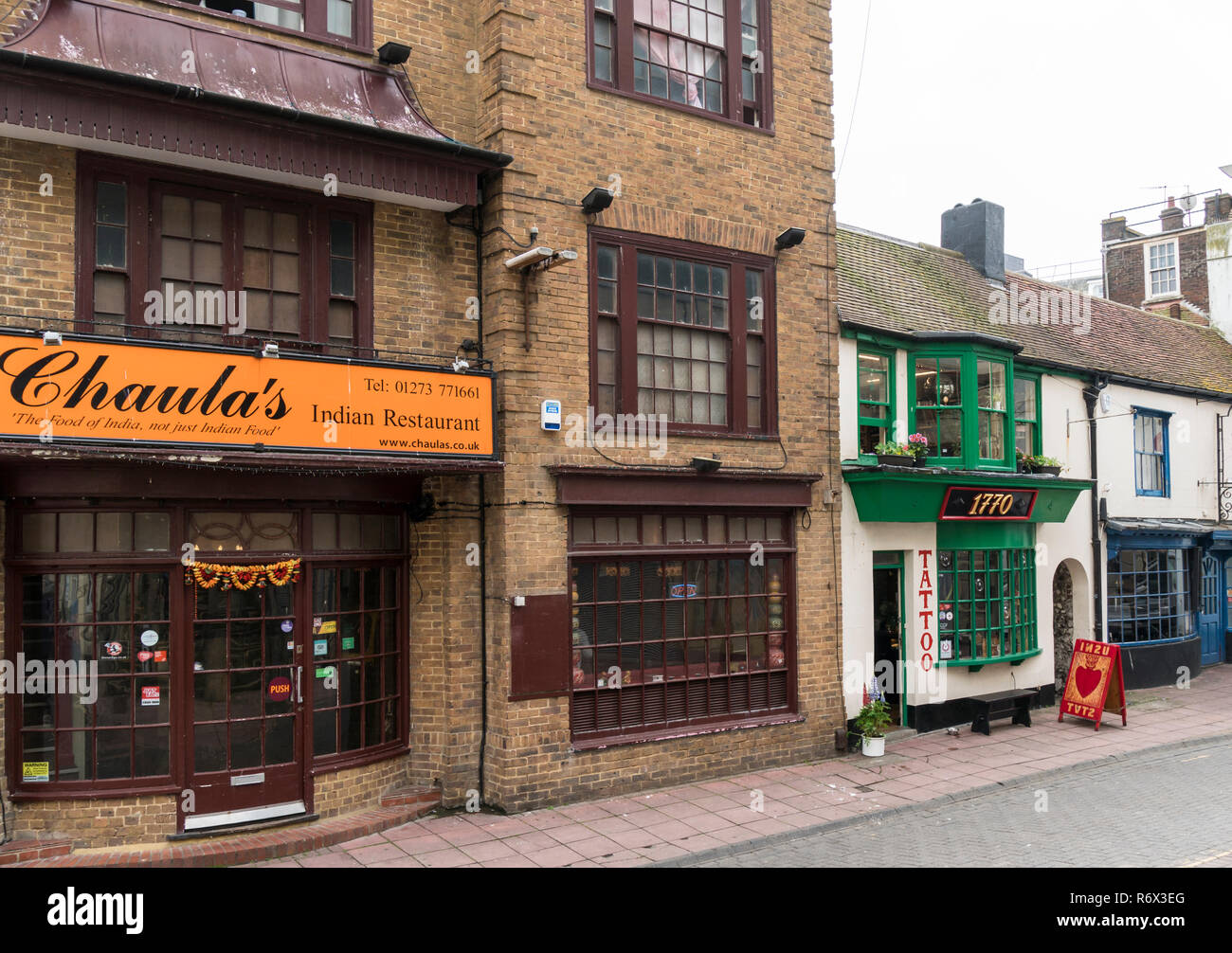 Old shops in Little East Street, Brighton, East Sussex, UK Stock Photo