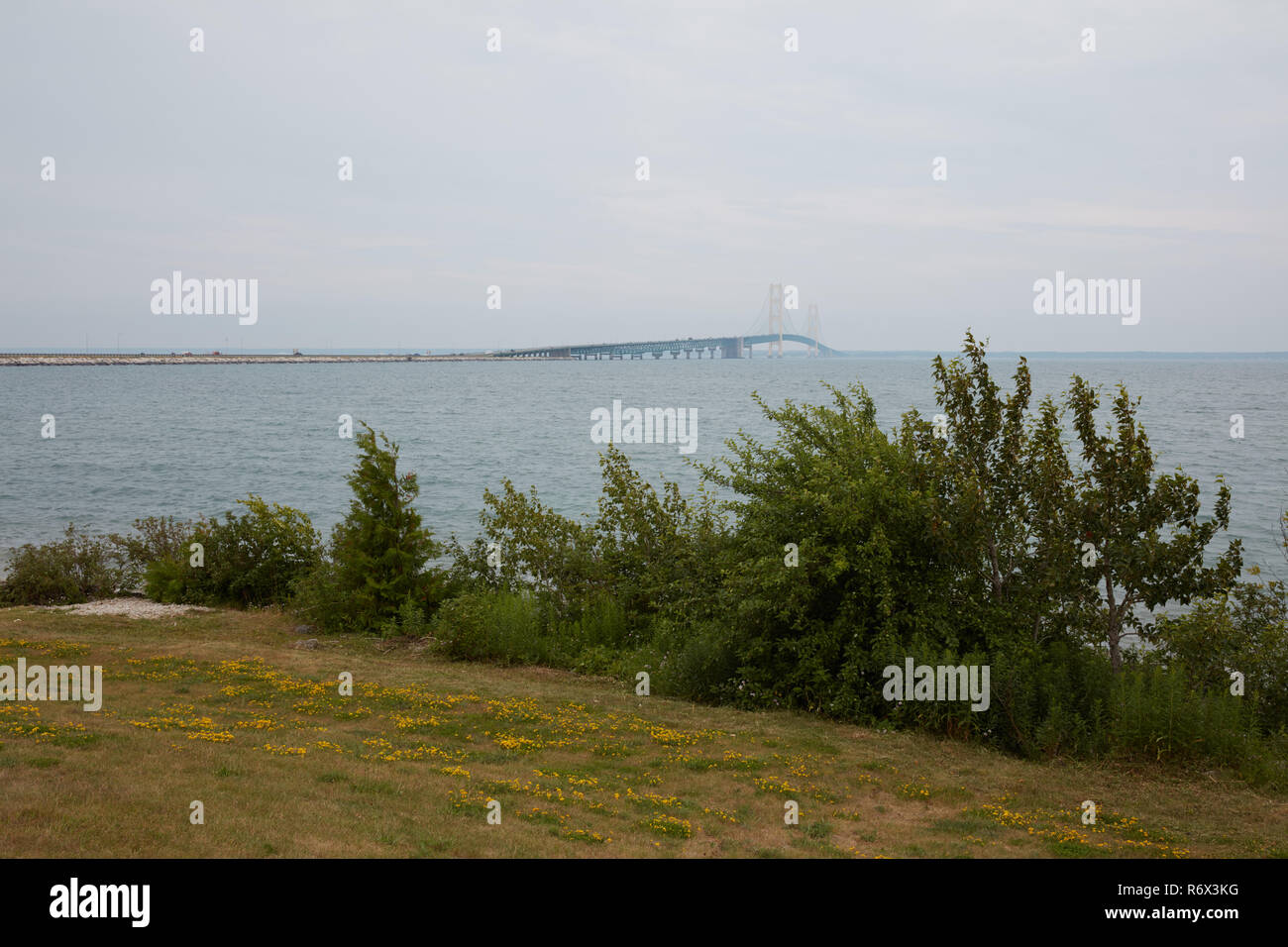 Mackinac Bridge seen from Bridge View Park on an overcast day, St