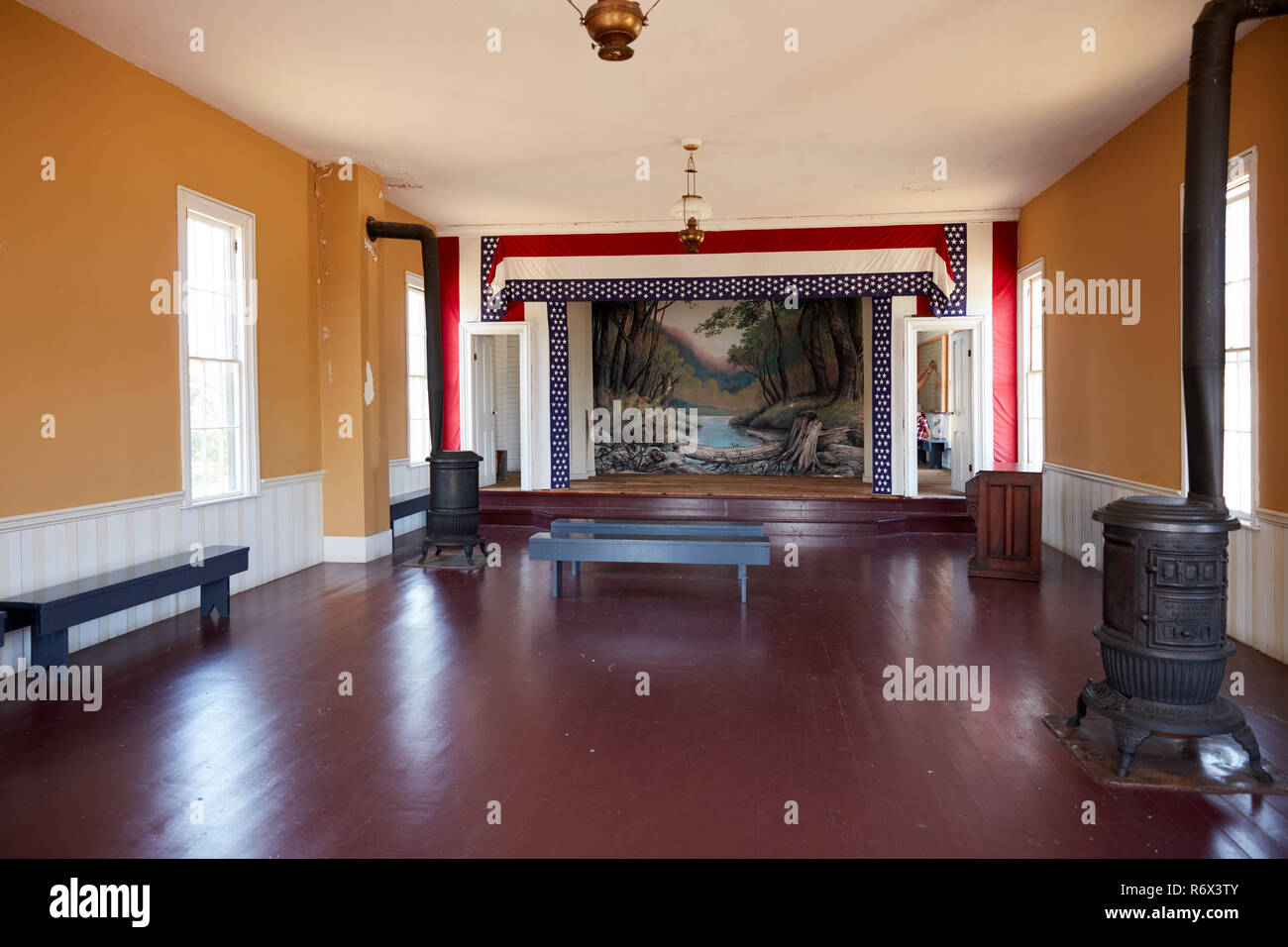 Interior of the music hall at historic Fayette ghost town in Michigan Stock Photo
