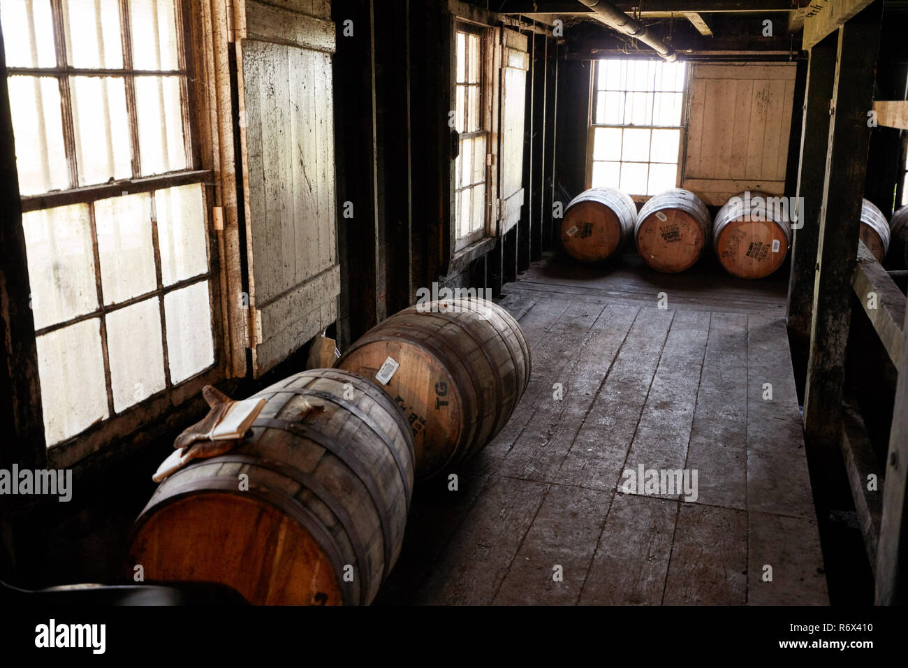Barrels of bourbon aging in a warehouse at Wild Turkey Distillery, Lawrenceburg, Kentucky Stock Photo