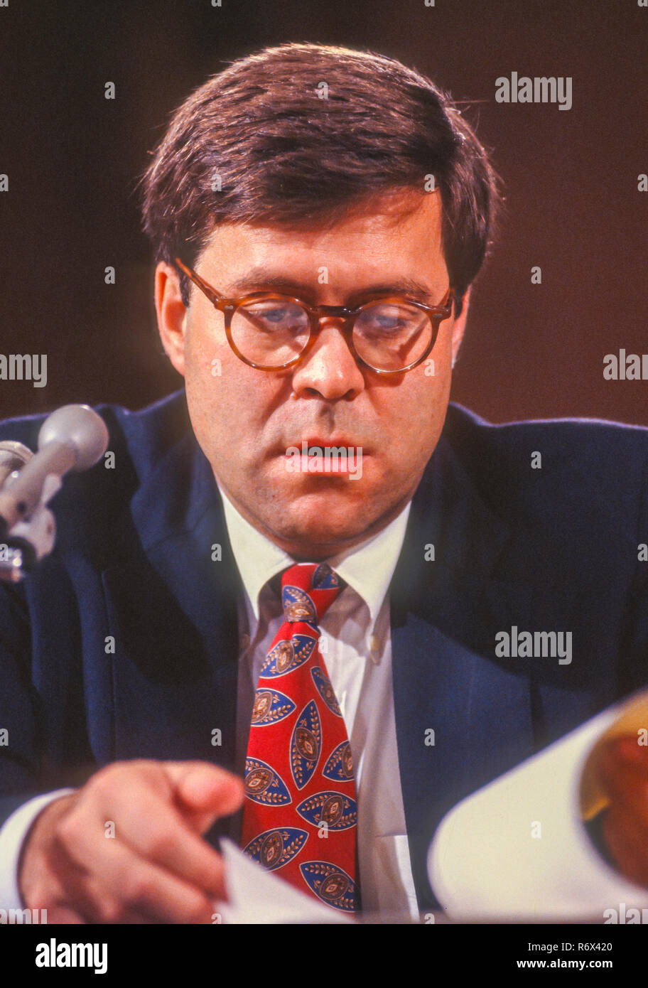 WASHINGTON, DC, USA - NOVEMBER 12, 1991:  William Barr, nominee for U.S. Attorney General, appears before Senate Judiciary Committee. Stock Photo