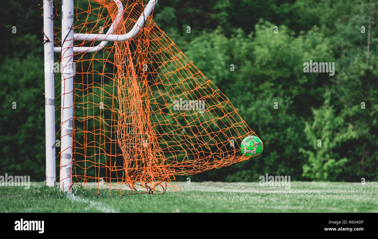Soccer Ball Hitting The Back Of The Net Goal Stock Photo Alamy