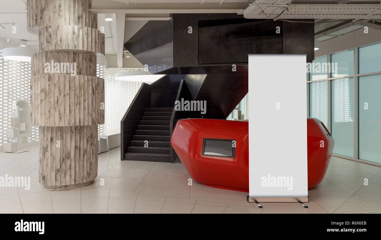 Blank Roll Up Banner Stand In Office Interior With Reception Desk