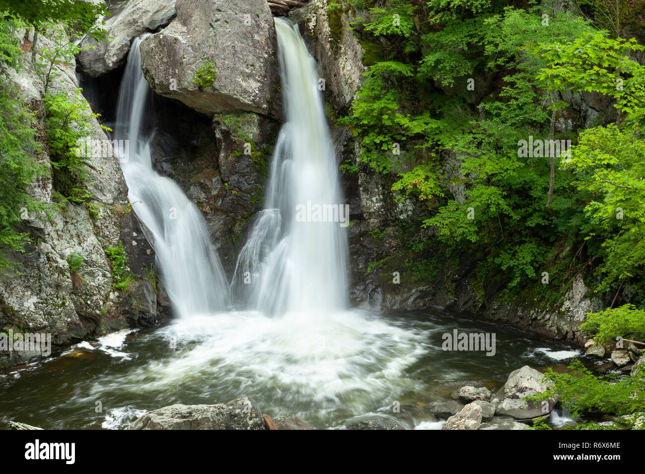 Bash Bish Falls along Bash Bish Brook pouring over large rocks and