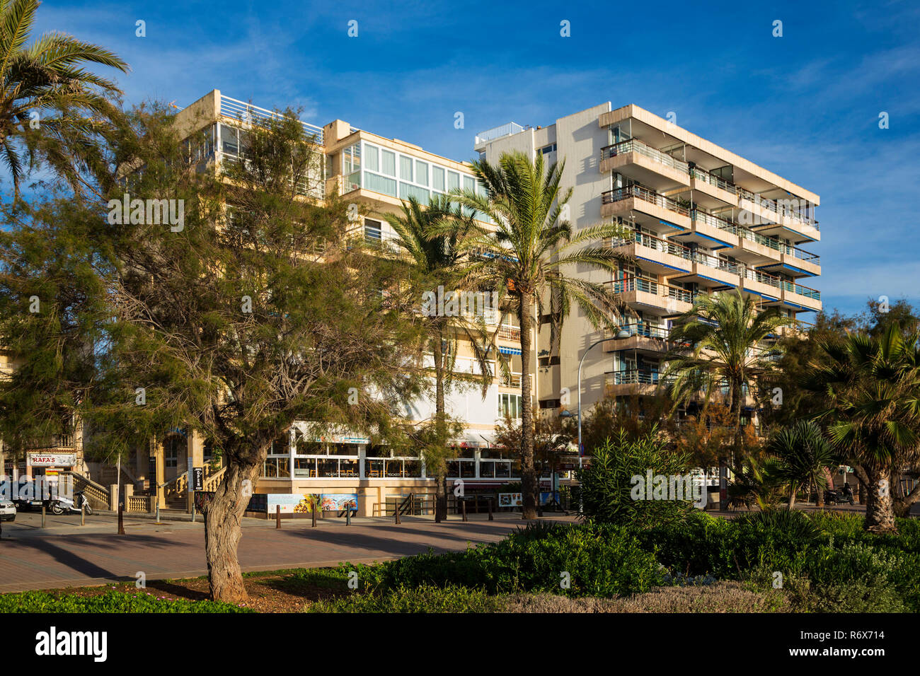 Area with hotels, bars and restaurants, the so-called Ballermann, Playa de Palma, Platja de Palma, Mallorca, Majorca, Balearic Islands, Spain, Europe Stock Photo
