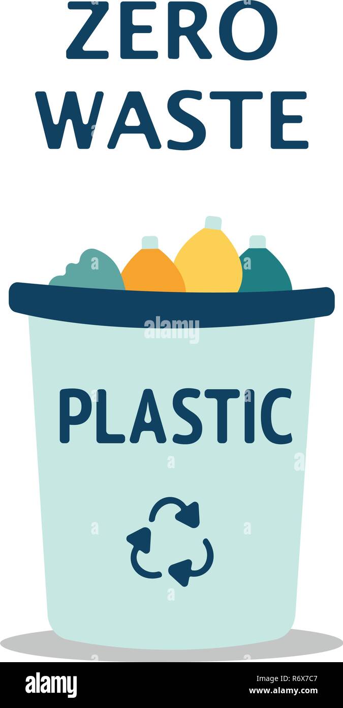 Blue garbage can with plastic garbage elements, illustration Stock Vector