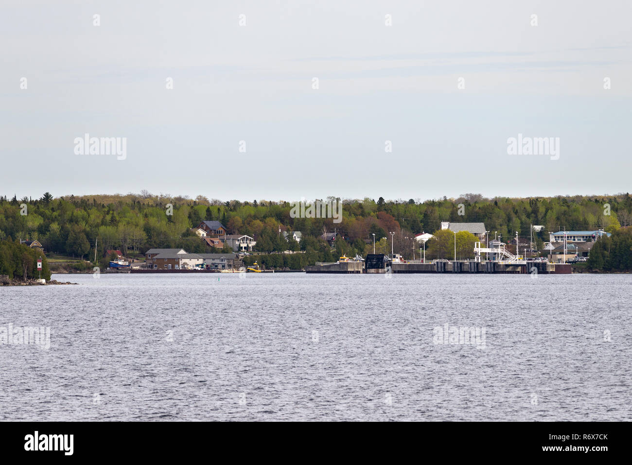View of Tobermory from the Chi-Cheemaun ferry as it approaches the ferry terminal, Ontario, Canada Stock Photo