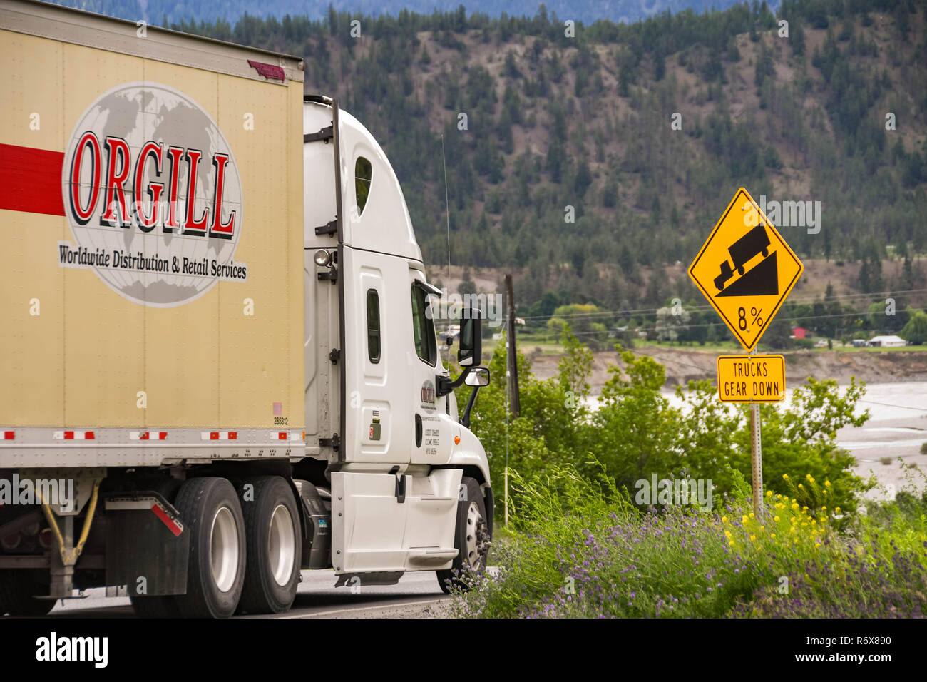 Thr Ruck Sign LILOOETT, BRITISH COLUMBIA, CANADA - JUNE 2018: Large freight ruck ...