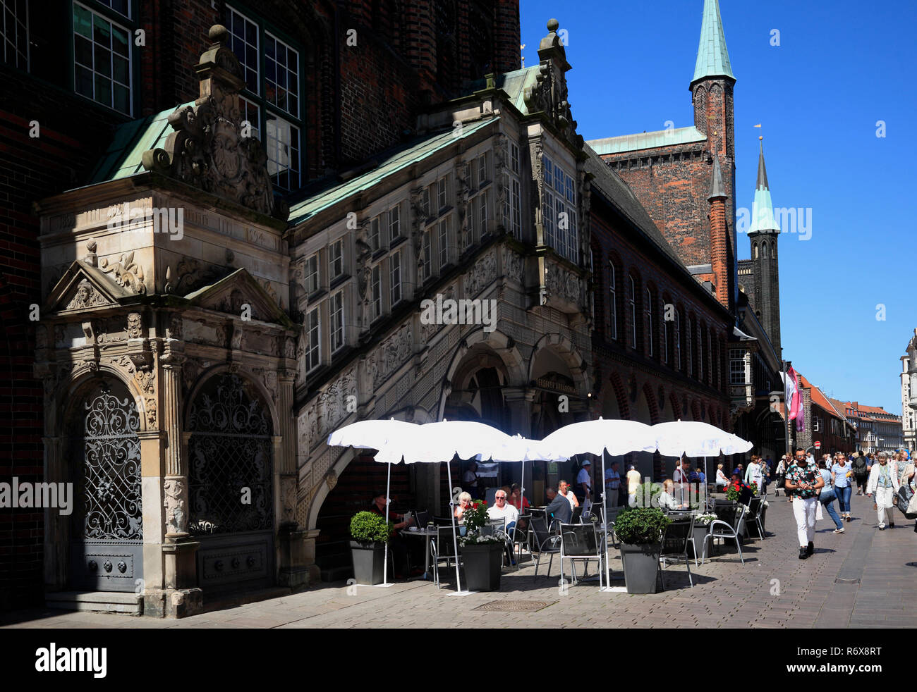 Arkadencafe NIEDEREGGER at town hall stairs, Lübeck, Schleswig-Holstein, Germany, Europe Stock Photo
