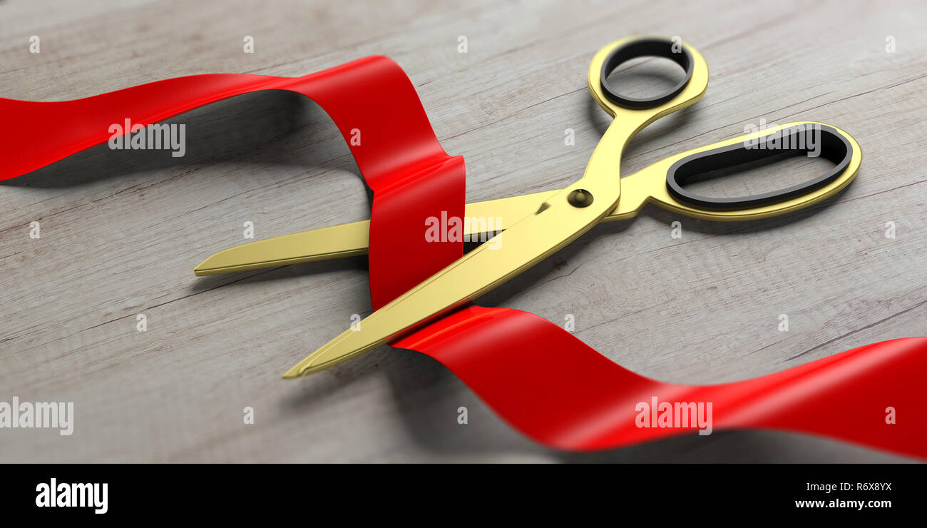 Grand opening concept. Gold scissors cutting red silk ribbon on wooden background. 3d illustration Stock Photo
