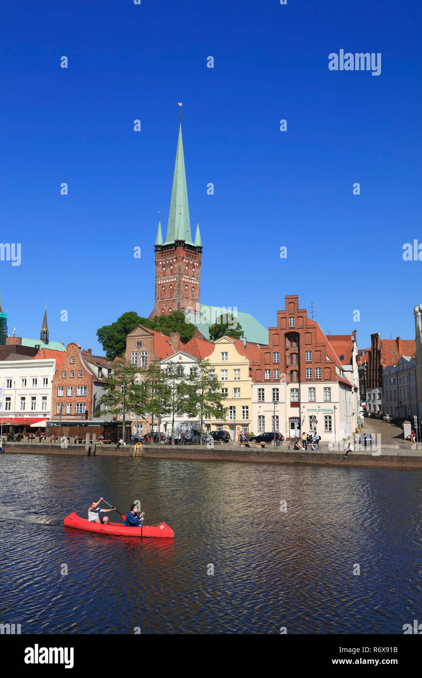 View across Obertrave to St. Petri church,  Schleswig-Holstein, Germany, Europe Stock Photo