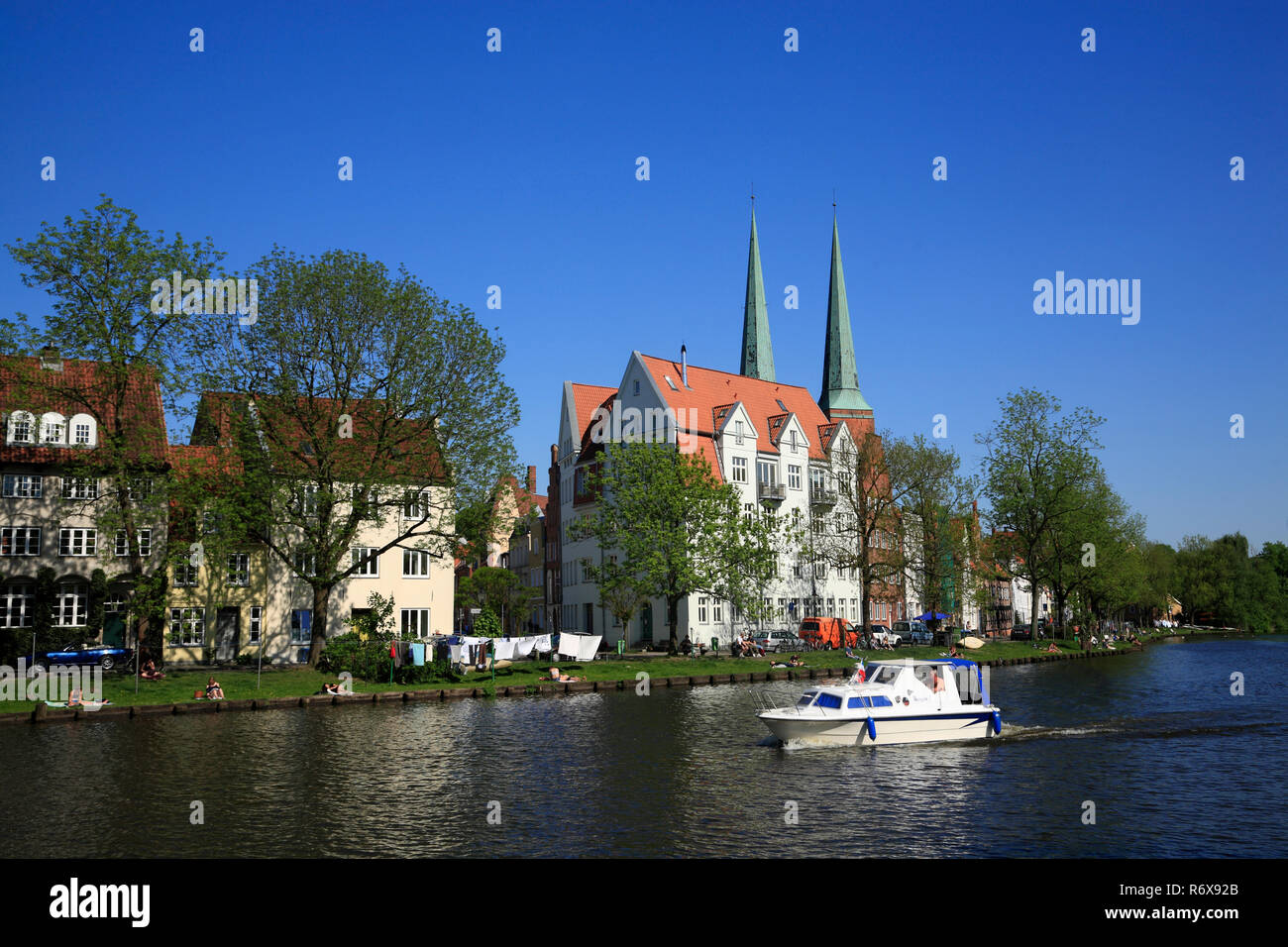 View across Obertrave river, Lübeck, Luebeck, Schleswig-Holstein, Germany, Europe Stock Photo