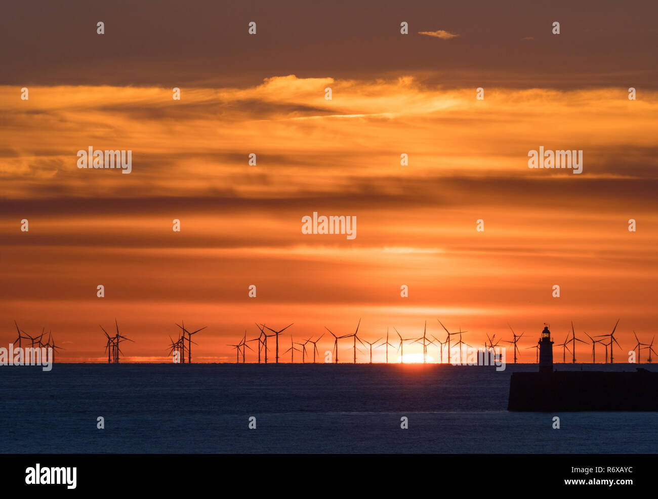 Rampion Windfarm off the Sussex coast, with Newhaven Lighthouse at sunset in the English Channel. Stock Photo
