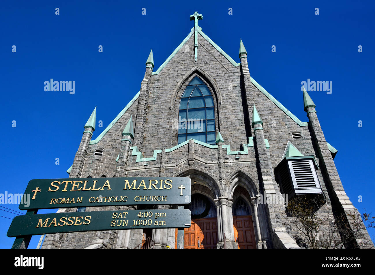 A front view of the Roman Catholic Stella Maris stone church on Bayside Drive in Saint John New Brunswick Canada. Stock Photo