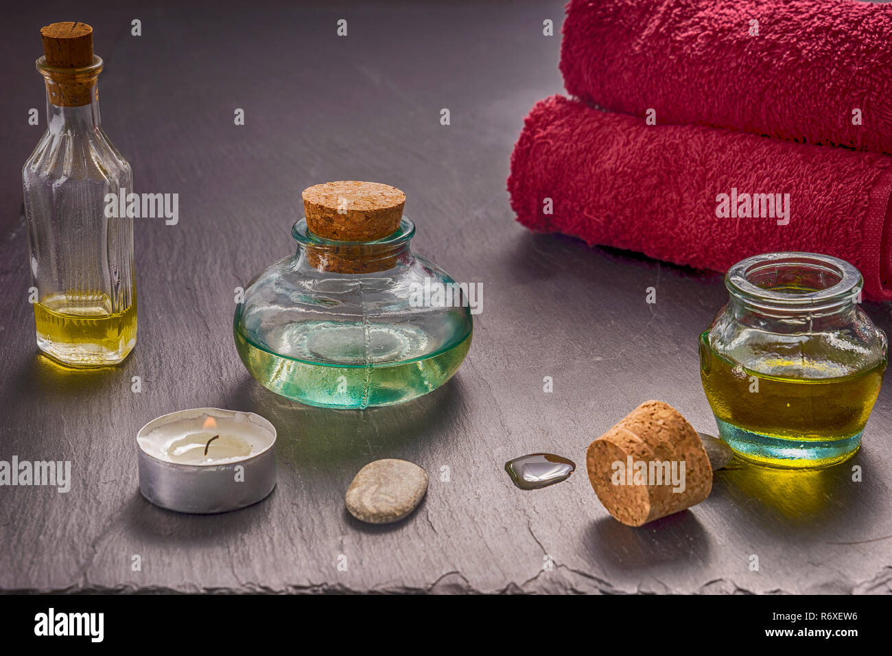 zen basalt stones and aroma oil on the stone background Stock Photo