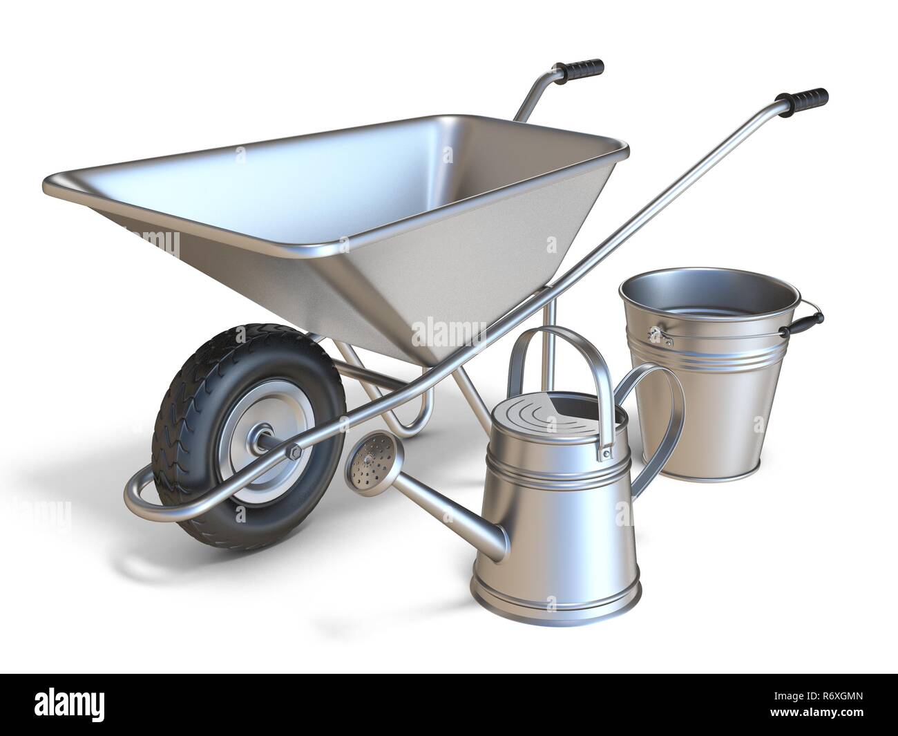Wheelbarrow with watering can and metal bucket 3D Stock Photo Alamy