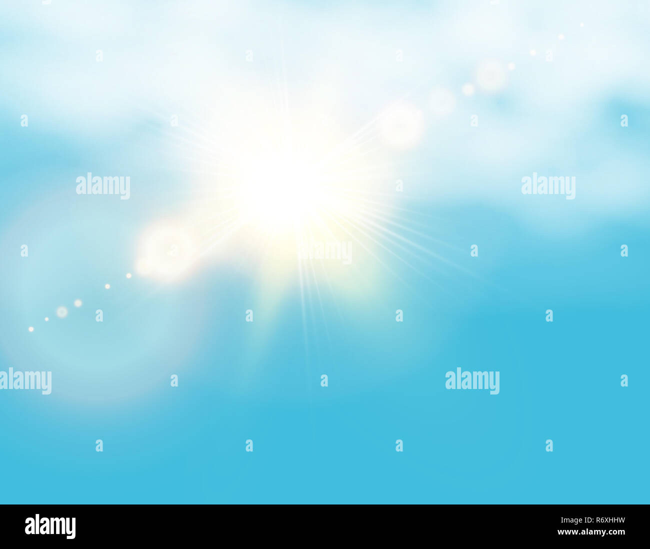 Realistic shining sun with lens flare. Blue sky with clouds background ...