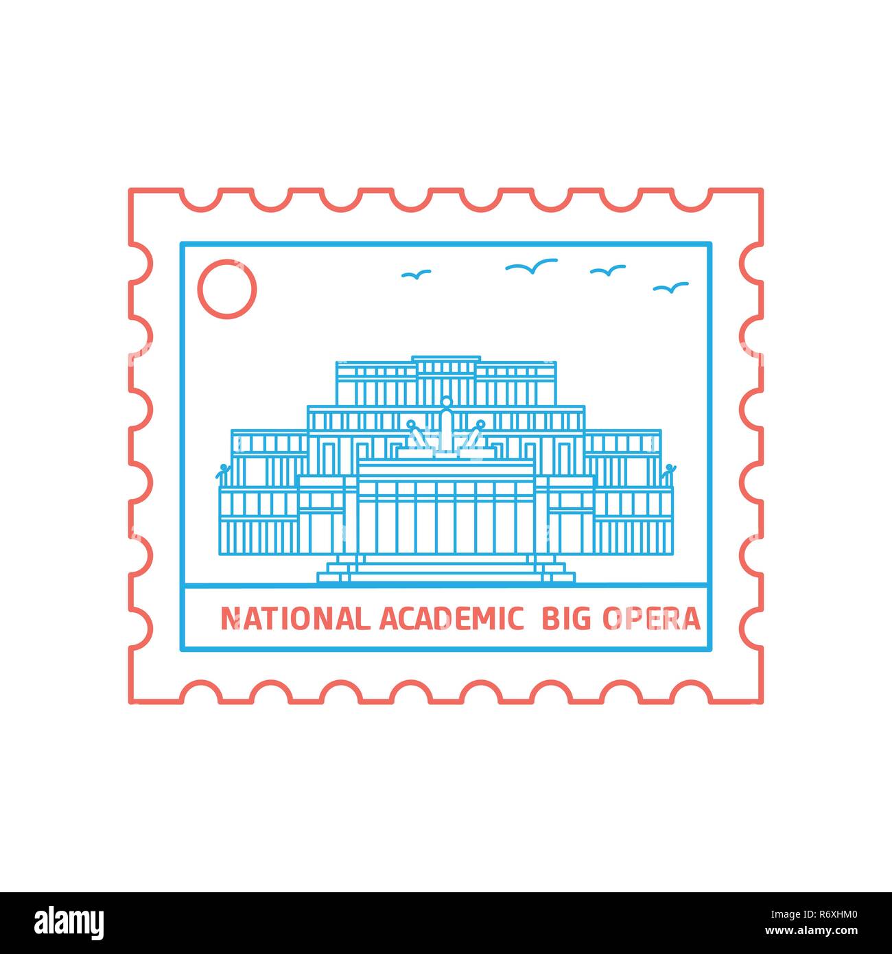 NATIONAL ACADEMIC; BIG OPERA postage stamp Blue and red Line Style, vector illustration Stock Vector